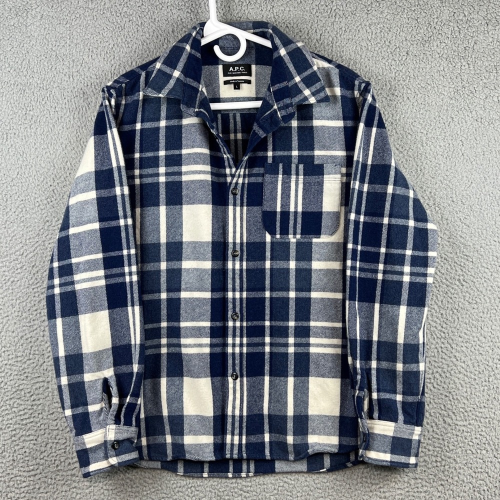 A.P.C. Mens Navy Blue Plaid Wool Blend Flannel Button Down Work Shirt Large APC